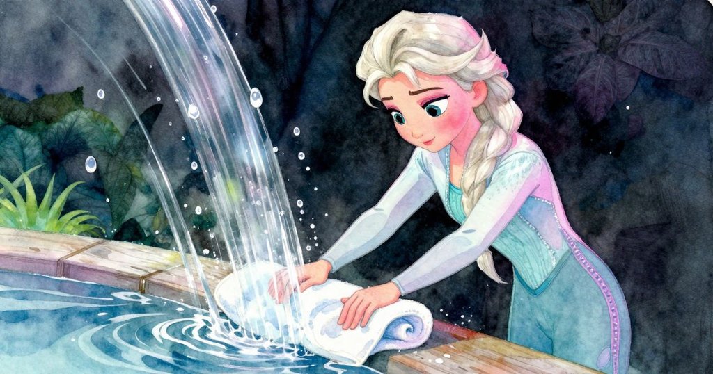 Elsa用舊毛巾壓住水流, 水珠清晰沿木板滑落, 近距離展現出手與物件間的細膩互動