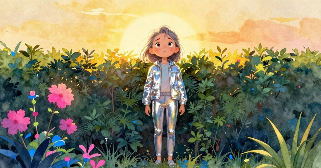 夕陽餘暉中, 從樹籬後浮現出散亂髮絲的人物, Elsa輕柔注視, 展現出結局的溫暖與寧靜