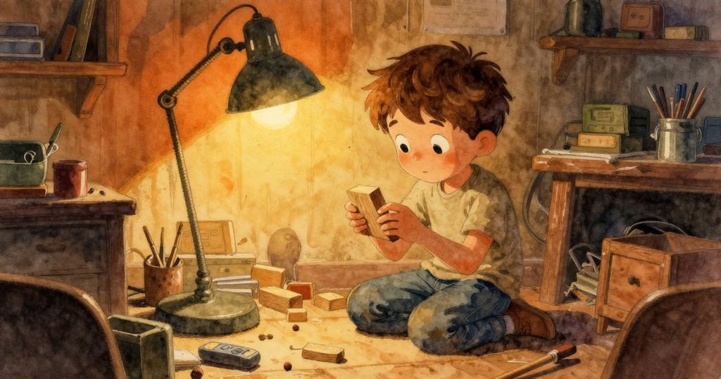 諾蘭在溫暖燈光下調整松木塊，工作間充滿工具與木屑，神情充滿好奇與探索熱情