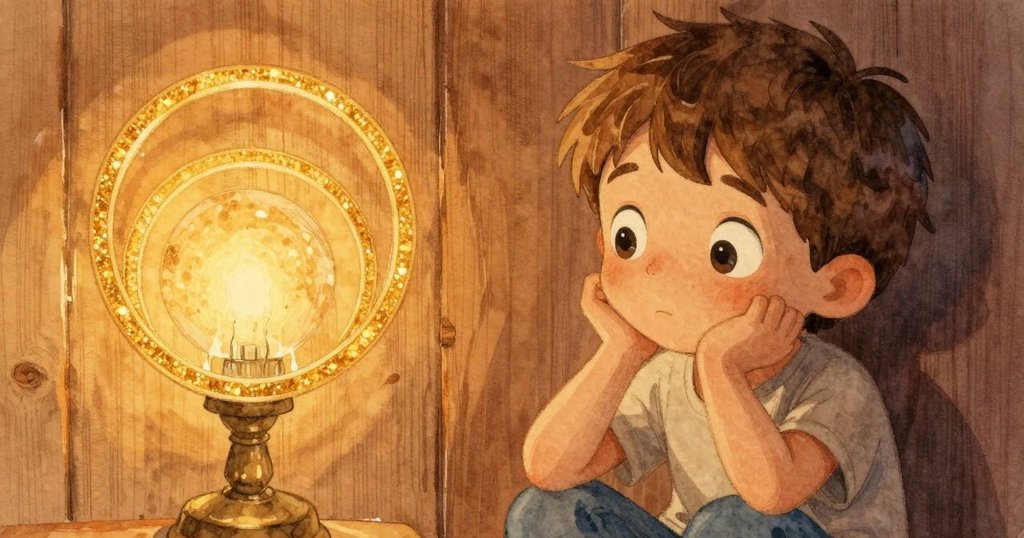 諾蘭近距離凝視木塊上閃爍的金色環，燈光柔和映照其充滿驚奇的臉龐，工坊內溫馨明亮