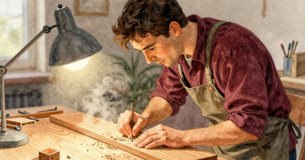 哈里斯從肩後視角操作砂塊，木紋與浮塵細節清晰，燈光柔和，展現專注工藝與室內工作環境