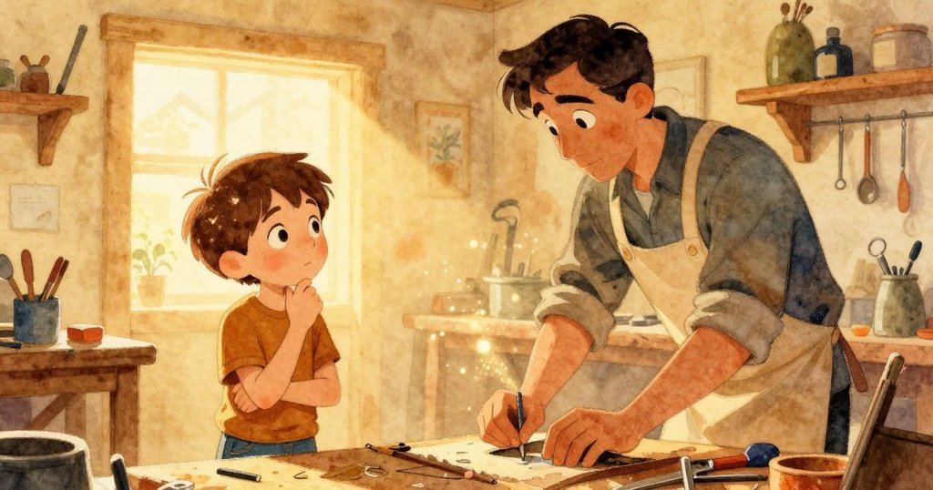 諾蘭與哈里斯並肩作業，工坊現實與微妙魔幻交融，木屑與光暈映襯下展現專注與驚奇情緒