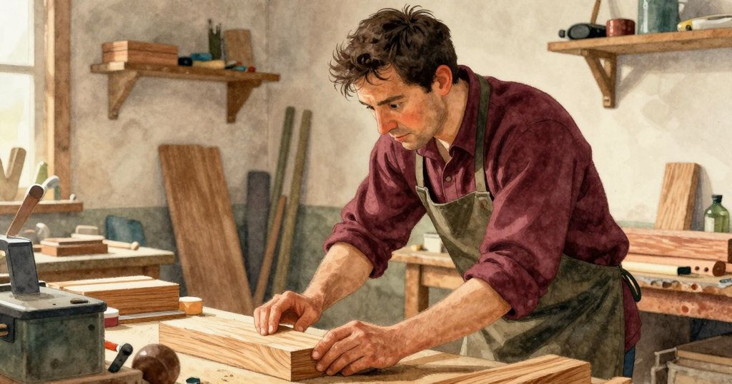 哈里斯側身近距離比對砂平木塊及參考件，表情專注且略帶猶豫，工坊背景呈現溫暖細膩光影