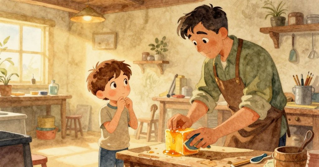 諾蘭與哈里斯在工坊夕光中凝視成果，諾蘭捧著光亮木塊，哈里斯手持變形砂墊，氛圍溫暖且充滿意境