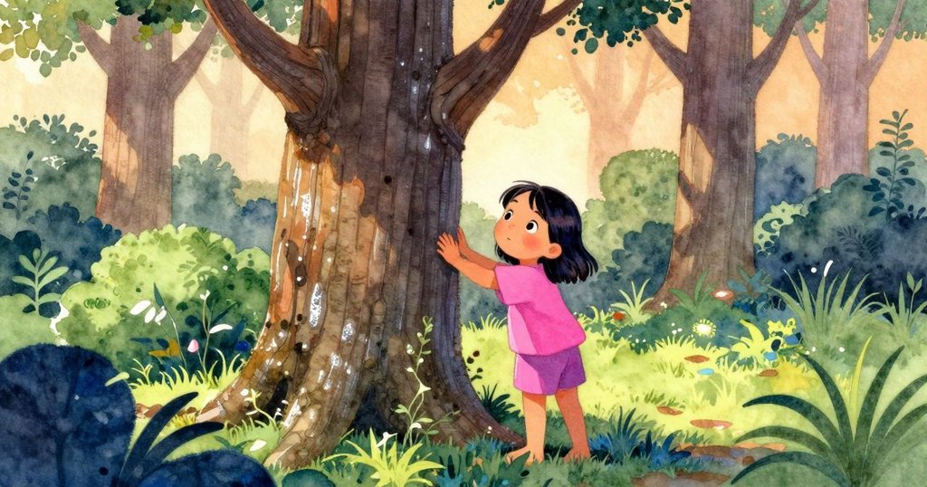 六月輕觸樹皮，站在靜謐花園中，感受柔和琥珀光線照耀，心情平靜準備展開冒險旅程。