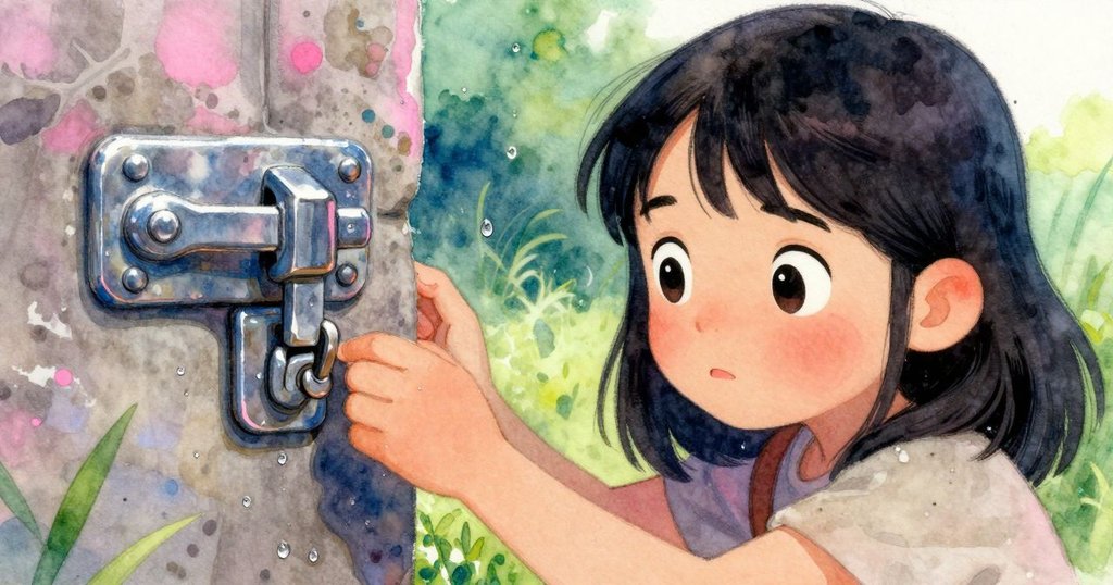 六月仔細檢查覆有露珠的石邊金屬扣，手輕輕拂去塵土，細節中透露著尋找秘密的神秘感。