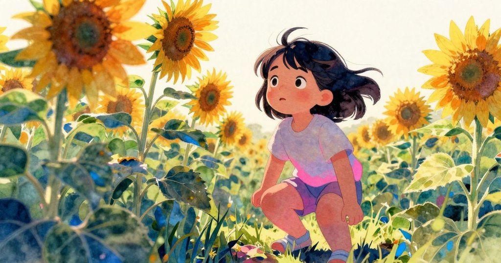 六月伏低身子躲在高高向日葵中，動作緊湊而專注，背景光線柔和呈現尋找秘密的緊張氛圍。