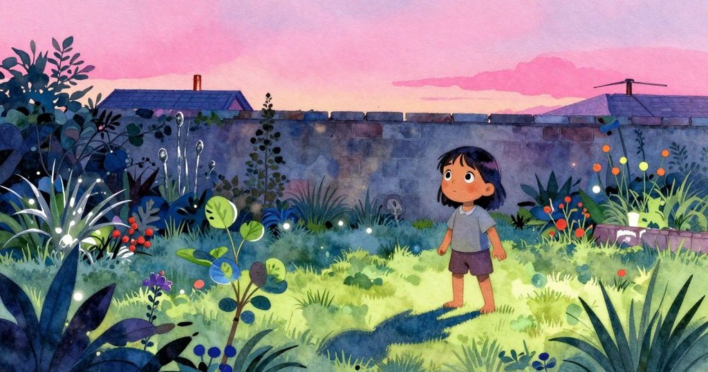 黃昏花園中，光影拉長與遠處銅色直升機交織，六月的探索顯示時間悄然流逝的變化。