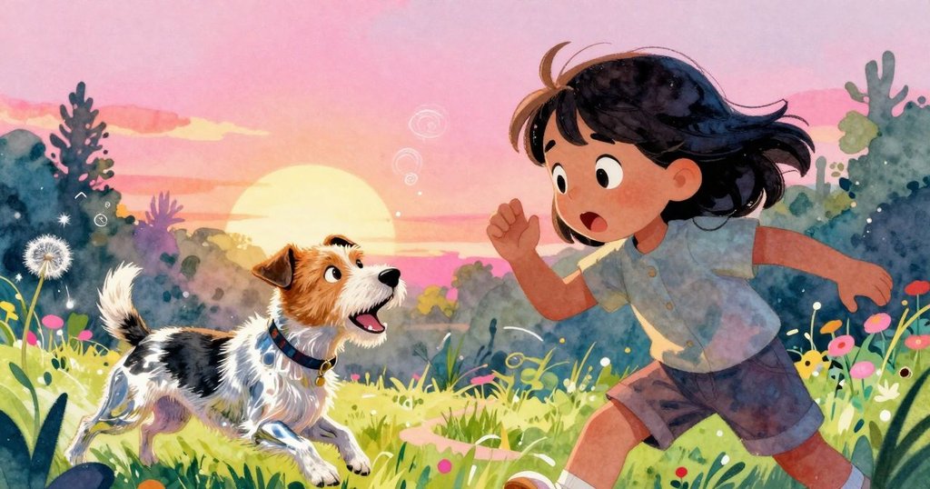 急促動作中，小狗狂吠驚動六月，飛舞蒲公英籽展示花園中活躍與緊湊的尋找節奏。