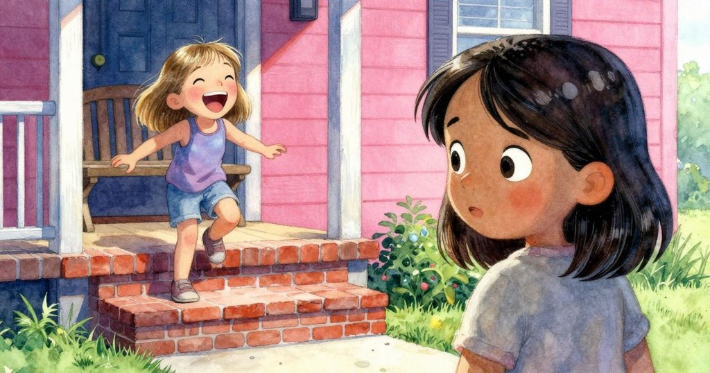 在門廊石階上，六月慢步向前，好友從長椅下笑著現身，溫暖光線中締造尋寶遊戲的圓滿結局。