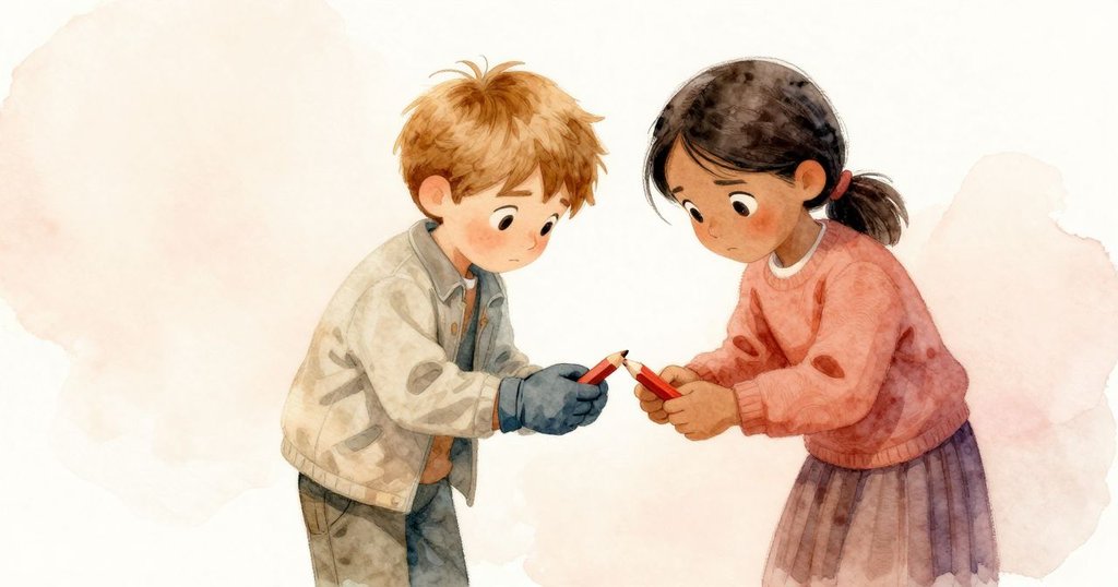 艾瑞克與雅拉共同檢視斷裂紅鉛筆,眼神中流露出思索與決心,畫面聚焦於物件細節與互動