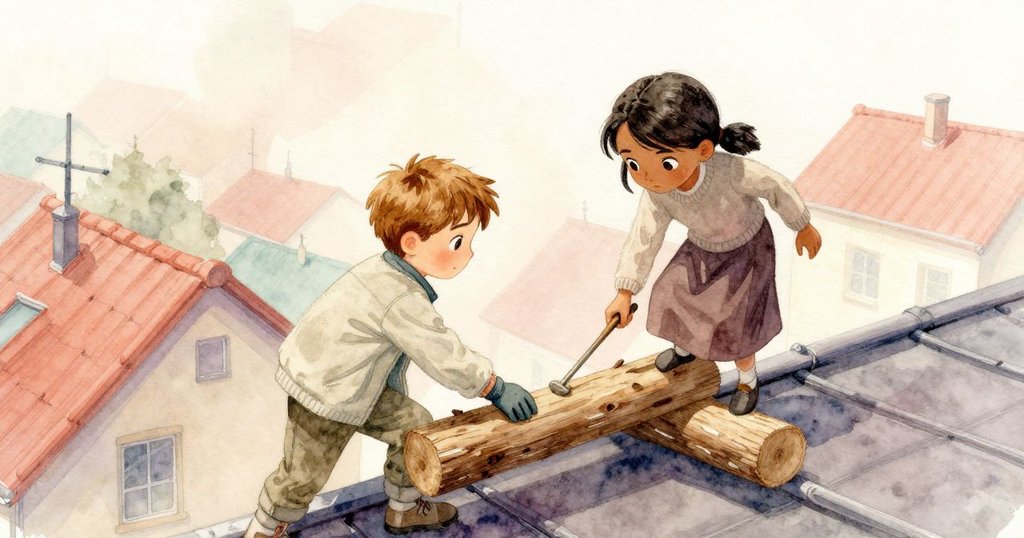 雅拉彎腰將筆記本靠在欄杆上,艾瑞克伸手尋找工具,從上方俯視展現謹慎與合作氣氛