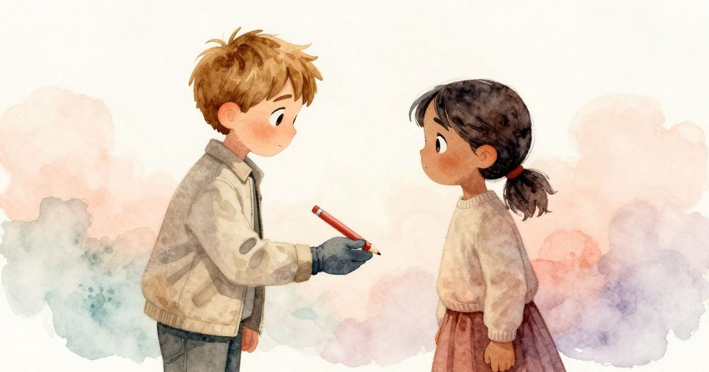 艾瑞克將紅色鉛筆尖溫柔地遞給雅拉,雙手交會展現希望,背景有微光與低語風聲,充滿未來期待