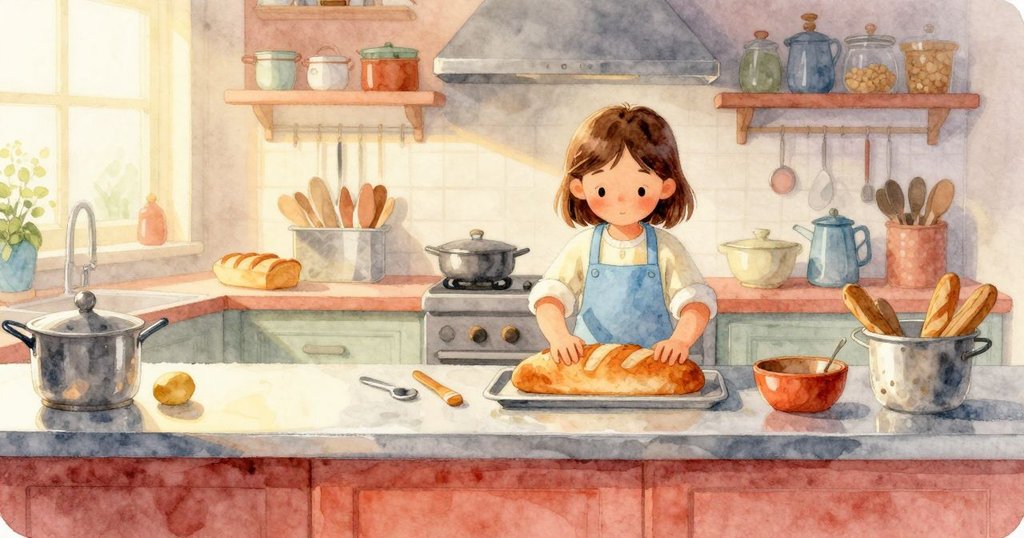 Vivian穿著簡單服飾在明亮廚房中準備麵包,她輕柔動作於不銹鋼櫃台上,晨光映照出溫馨氛圍