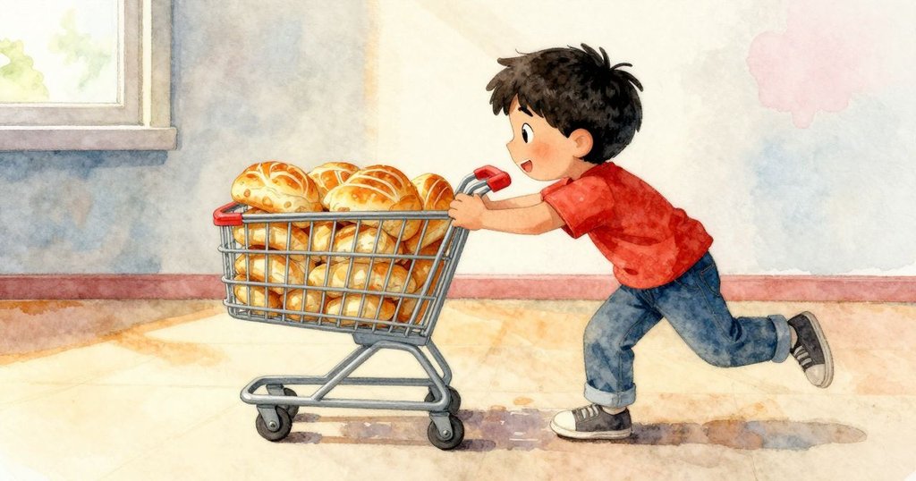 Troy推動購物車時盒裝晚餐卷突然滑動,面帶俏皮輕笑定格瞬間,展現溫暖家庭趣味互動