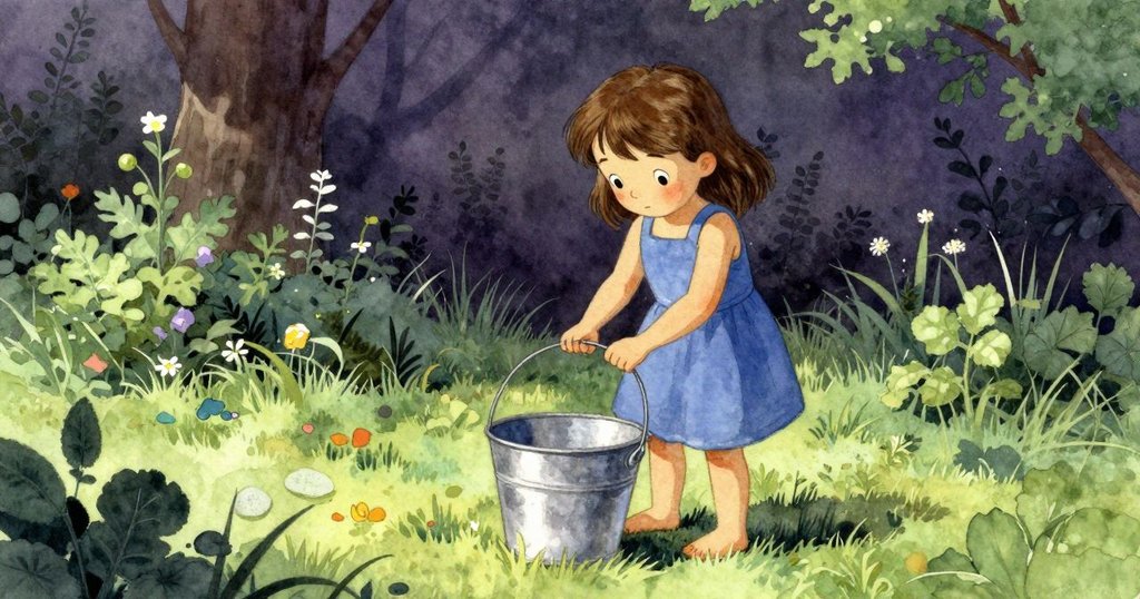 六月在寧靜花園中握著金屬圈，金屬桶邊輕敲發出神秘聲響，情緒專注而好奇