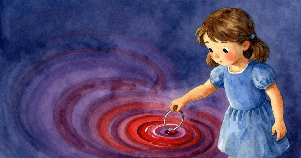 六月細心將金屬圈浸入液體中，形成輕盈流動的薄膜，背景空白突顯出專注動作與色彩變化