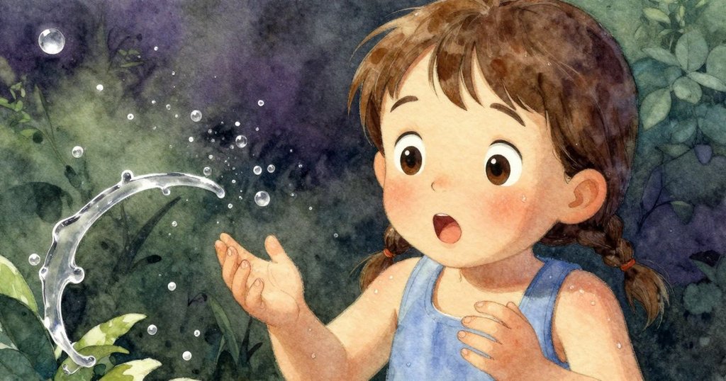 從高角度聚焦，六月驚訝凝視，薄膜破裂時細小液珠灑落臂上，神情專注而略帶擔憂