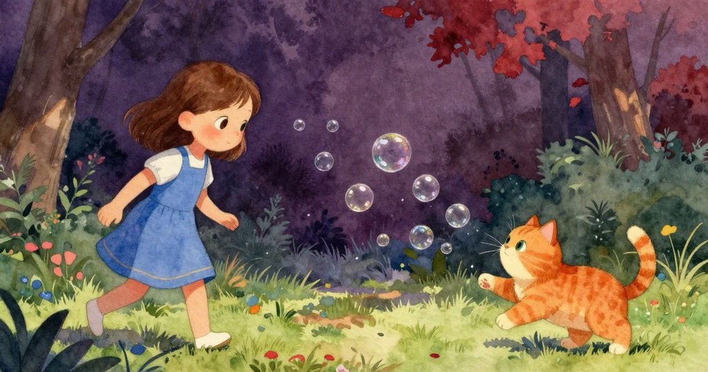 六月靜心觀察空中飄舞的泡泡，橘貓阿奇活力追逐，畫面分割展現靜與動的和諧對比