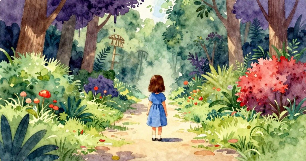 六月堅定面向前方，草地上殘存的薄膜與輕拂籬笆營造出新起點，整個庭院充滿希望與寬闊感