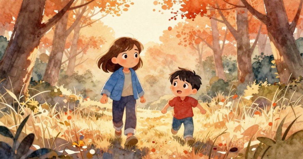 Hope 與 Oscar 走入陽光灑落的樹林空地，步伐堅定，周圍樹影交錯，充滿期待與冒險的開始。