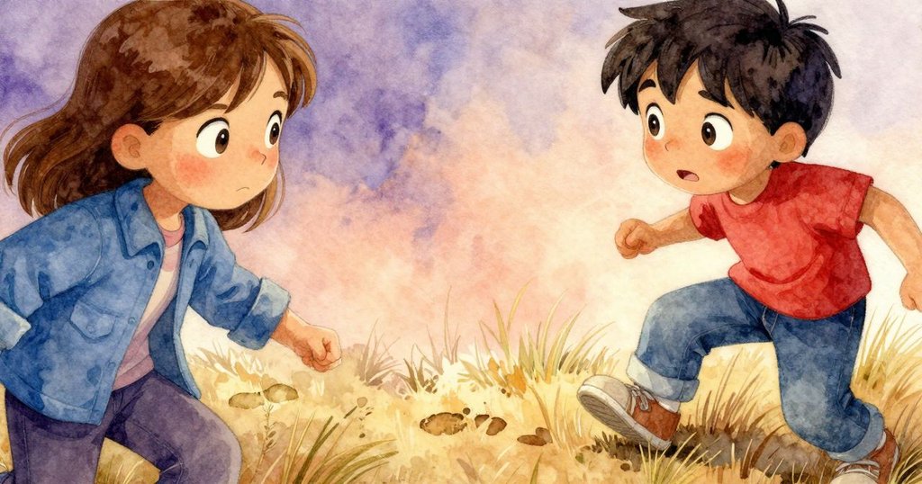 Hope 的鞋子在乾草地上留下明顯腳印，細節展現堅定步伐，傳遞出冒險開端的氛圍。