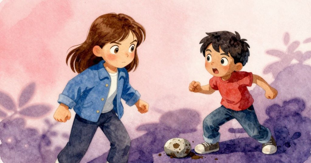 偏離位置的標誌石旁堆疊泥濘足印，指南針指針迷亂，營造出充滿神秘與疑惑的場景。