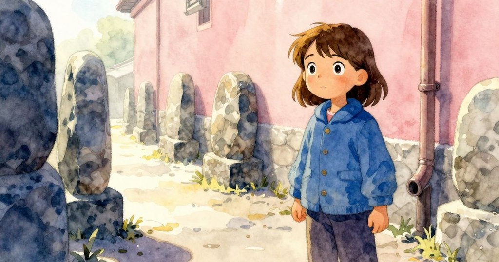 Hope 回憶起石頭與管道完美對齊的畫面，陽光明媚且色調柔和，傳達出懷舊與穩定的情感。