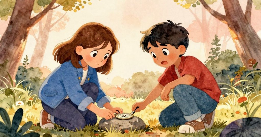 Hope 蹲下調整標誌石，手持指南針細心檢查，Oscar 站在旁邊好奇觀看，表現出解決問題的決心。