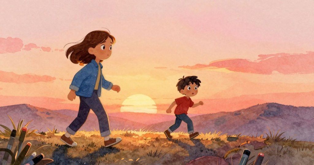 Hope 與 Oscar 緩步走向山丘，夕陽餘暉灑落在標誌石和小枝上，透露出完成任務後的寧靜與滿足。