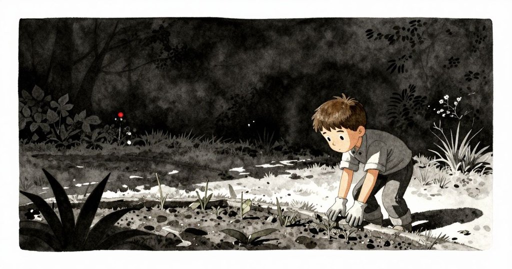 Ned蹲在家族花園邊緣仔細觀察起伏土壤，寬廣背景展示整個園地，充滿好奇與期待情緒