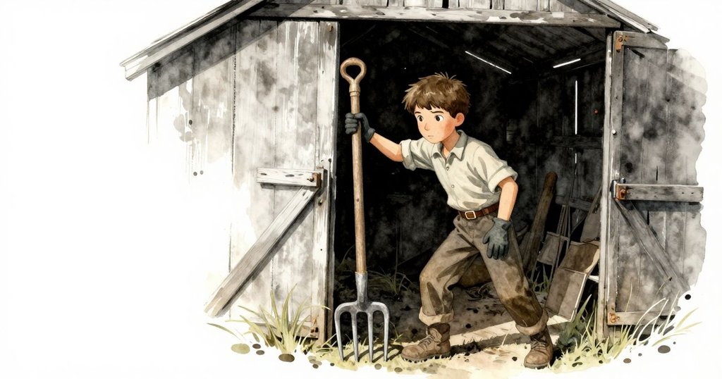 Ned正從小屋中取出歷經歲月痕跡的花園叉，畫面中展現堅毅動作與工具細節，環境沉穩