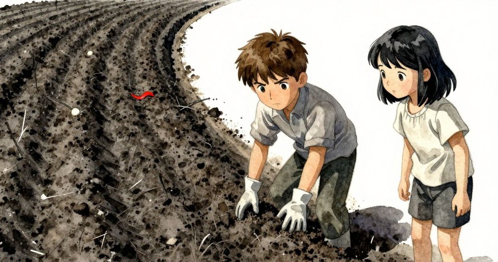 透過扭曲鏡頭呈現彎曲洋蔥排，土壤紋理如同搖板，強烈陽光下苗菜顯細緻狀態