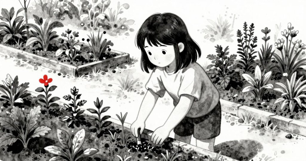 Yvette在鄰近花園除草，溫暖陽光灑下，環境呈現夏日季節氛圍，神情專注而平和