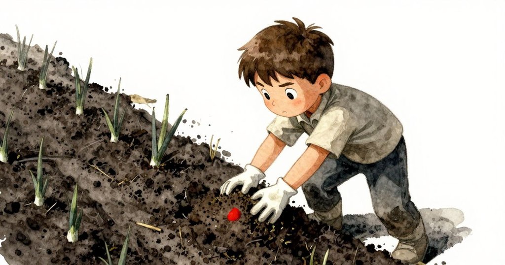 Ned正努力挖掘沉重土塊，肩膀緊繃展現挑戰情緒，背景中洋蔥排微彎，氛圍凝重