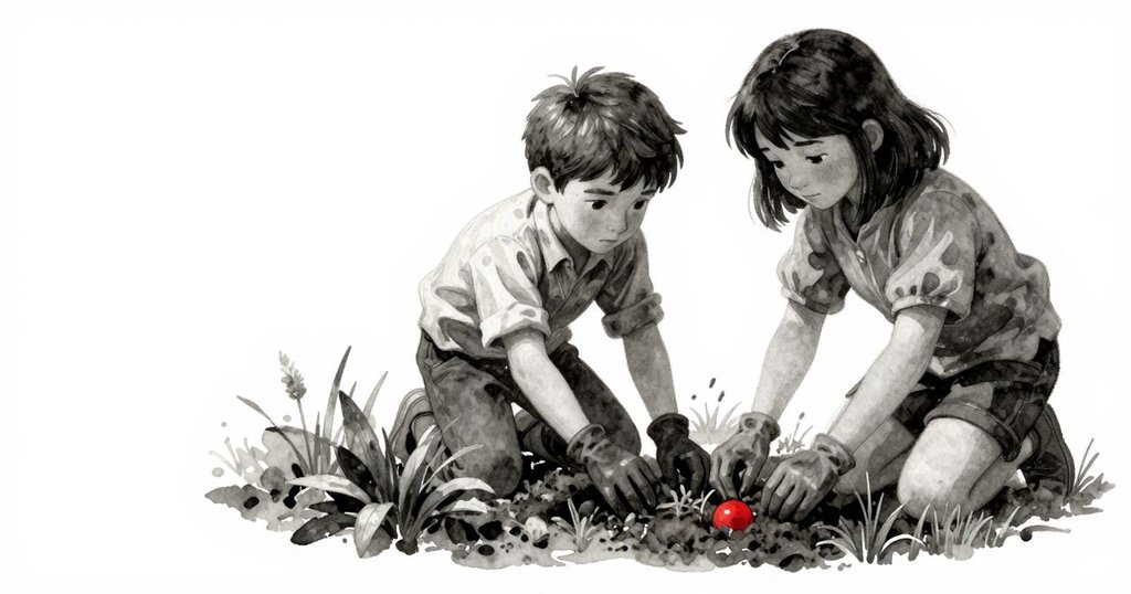 Ned與Yvette在花園攜手合作，Ned舀土Yvette穩板，和諧互助中洋蔥排逐漸恢復生機，充滿溫暖希望