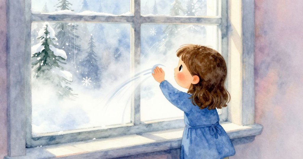 花洛拉在室內窗邊輕觸霧氣與茶漬，安靜凝視，室內溫暖光線映襯著窗外綿綿雨聲