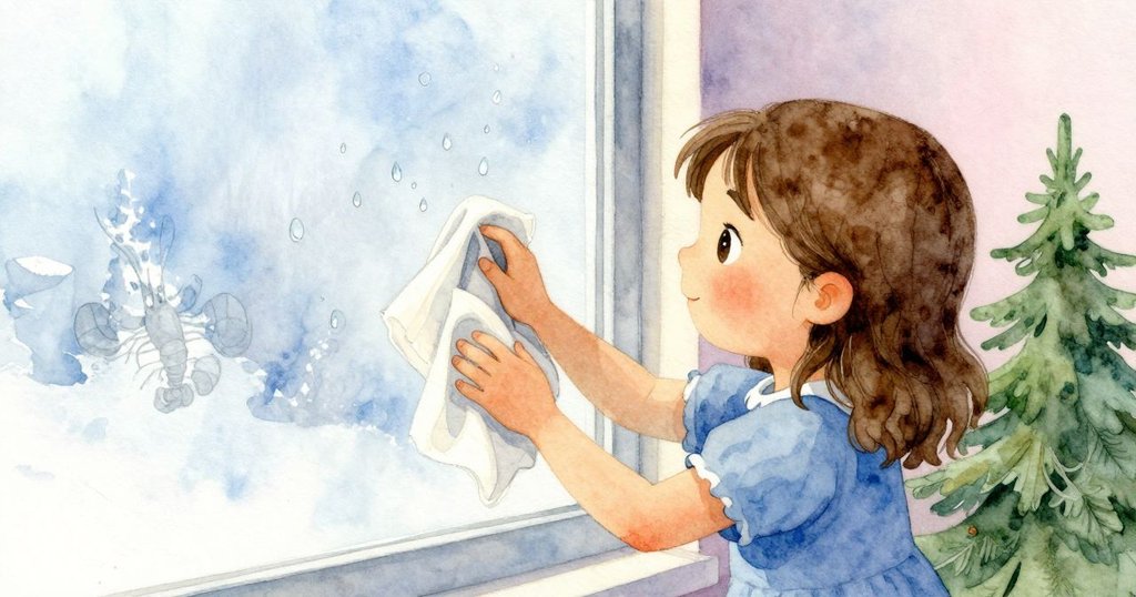 花洛拉正用亞麻布輕拭窗下水滴，背景留白襯托出模糊龍蝦圖案，動作專注且溫柔