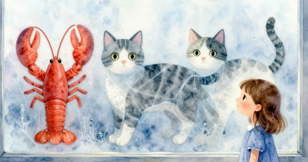 花洛拉靜立於窗邊觀察重疊交錯之形狀，窗上水珠交織出詭譎空間，場面超現實且富夢幻感