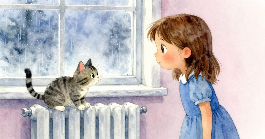 花洛拉神情凝重注視窗邊條紋貓從暖爐上移開，窗外連綿雨滴映襯出微妙緊張氛圍