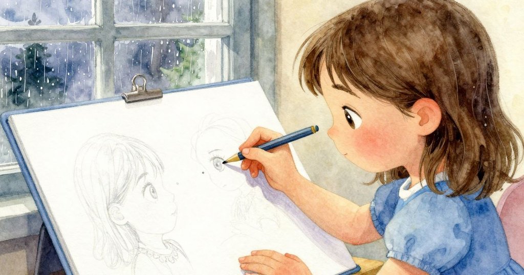 花洛拉輕柔手勢於窗上為動物描繪眼睛，雨中畫面溫暖柔和，傳達故事仍在繼續的意味