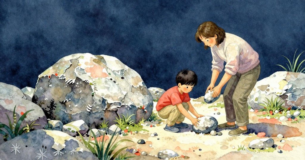 拉斐在石徑上仔細檢查石塊，姨媽在背景調整靴帶，陽光斜射，情緒專注，戶外場景展現探索之初