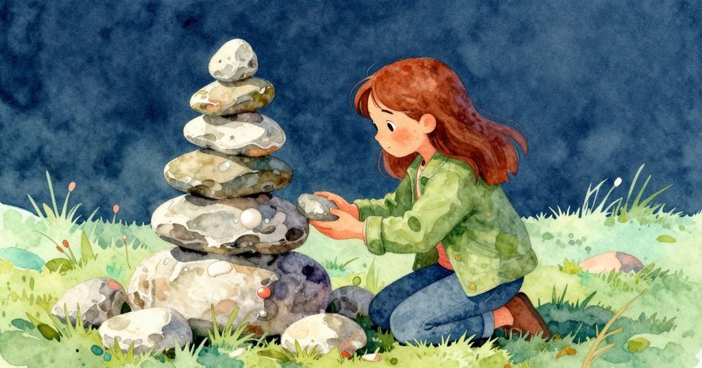 艾瑪蹲在五石堆旁仔細挑選石頭，溫暖光線下展現沉著計算，背景依舊為寧靜石徑