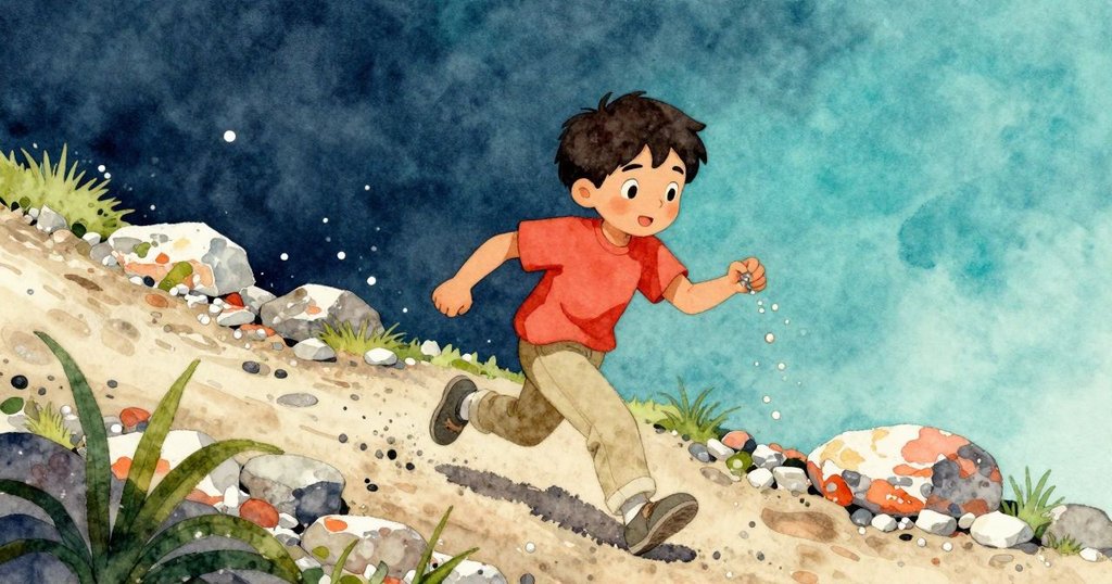 拉斐在崎嶇石徑上快速奔跑取碎石，臉上充滿決心與活力，動作鮮明展現合作精神