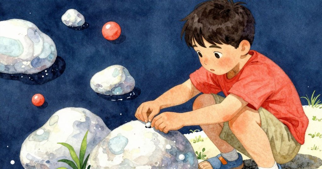 拉斐蹲下仔細調整頂石，神情專注，手部動作精確，石面上苔蘚微顯，戶外細節豐富