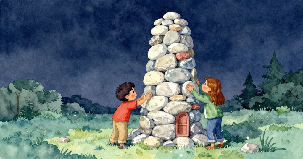 拉斐與艾瑪在黃昏欣賞完工石塔，石塔呈現不完美卻堅韌形態，石塊間留有細微陰影與碎石環繞