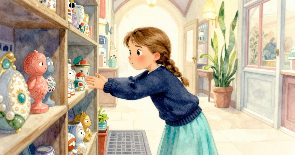 Elsa 在傾斜角度的光影走廊中抵達郵票櫃台，輕觸鋼灰色門墊，神情好奇準備按印