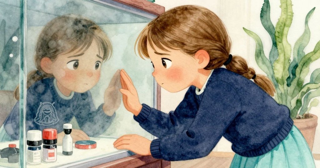 Elsa 的面容在展示櫃玻璃中清晰反射，背景含有印章預示與油墨痕跡，神情堅定專注