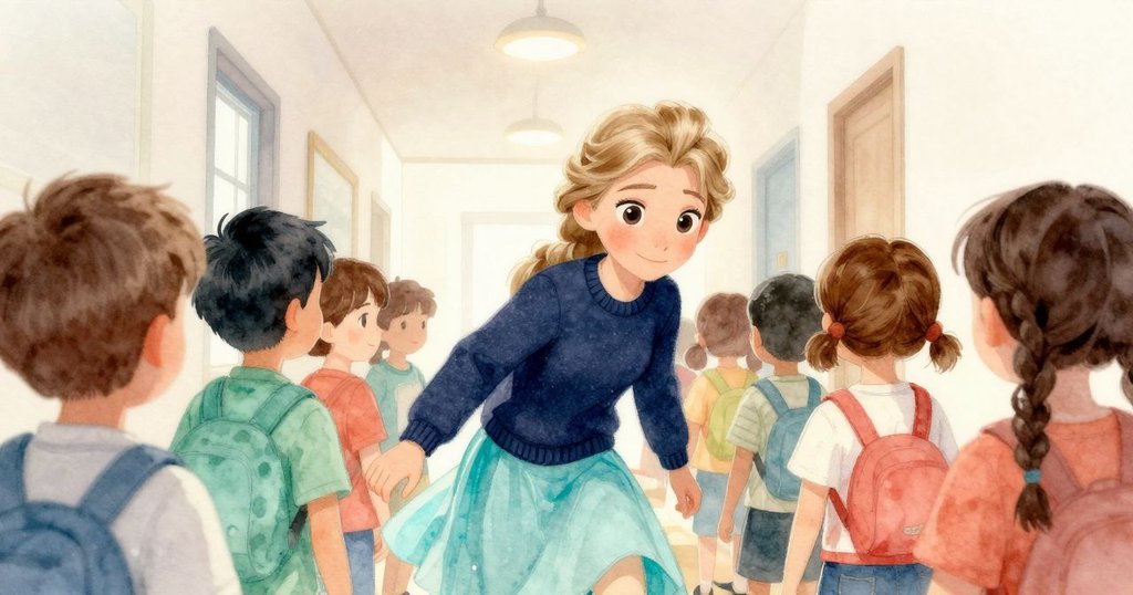 Elsa 躡手躡腳地跟隨學生團隊穿越過道，背景有壁毯與展示櫃，神情謹慎而專注