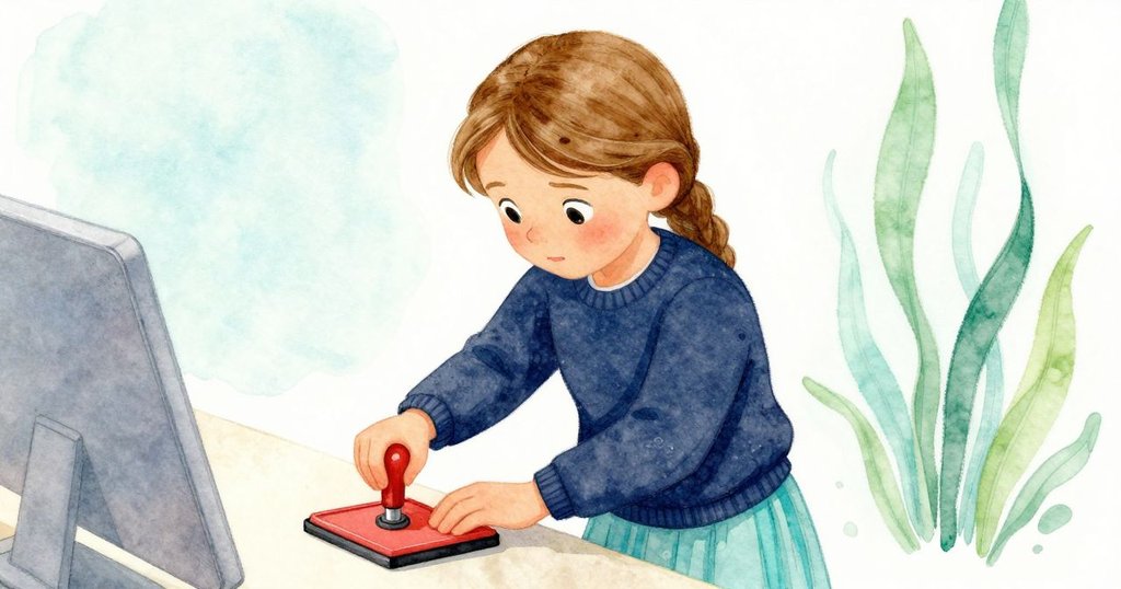 Elsa 在資訊櫃台前用力按下新油墨墊，調整姿勢試圖獲得更深印痕，眼神堅定充滿期待